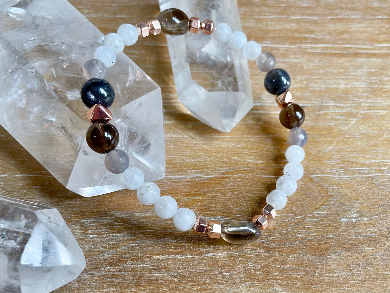 Moonstone, Gray Agate & Smoky Quartz Beaded Bracelet || Reiki Infused