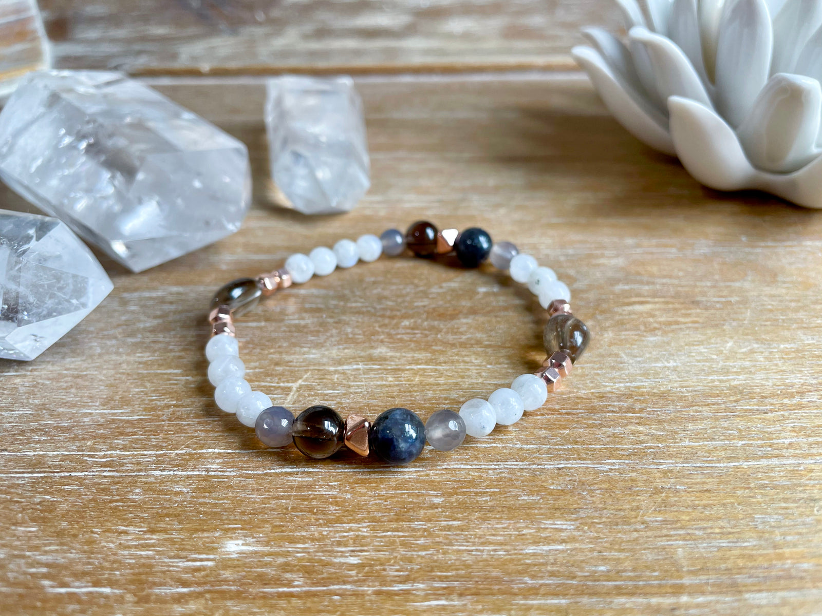 Moonstone, Gray Agate & Smoky Quartz Beaded Bracelet || Reiki Infused