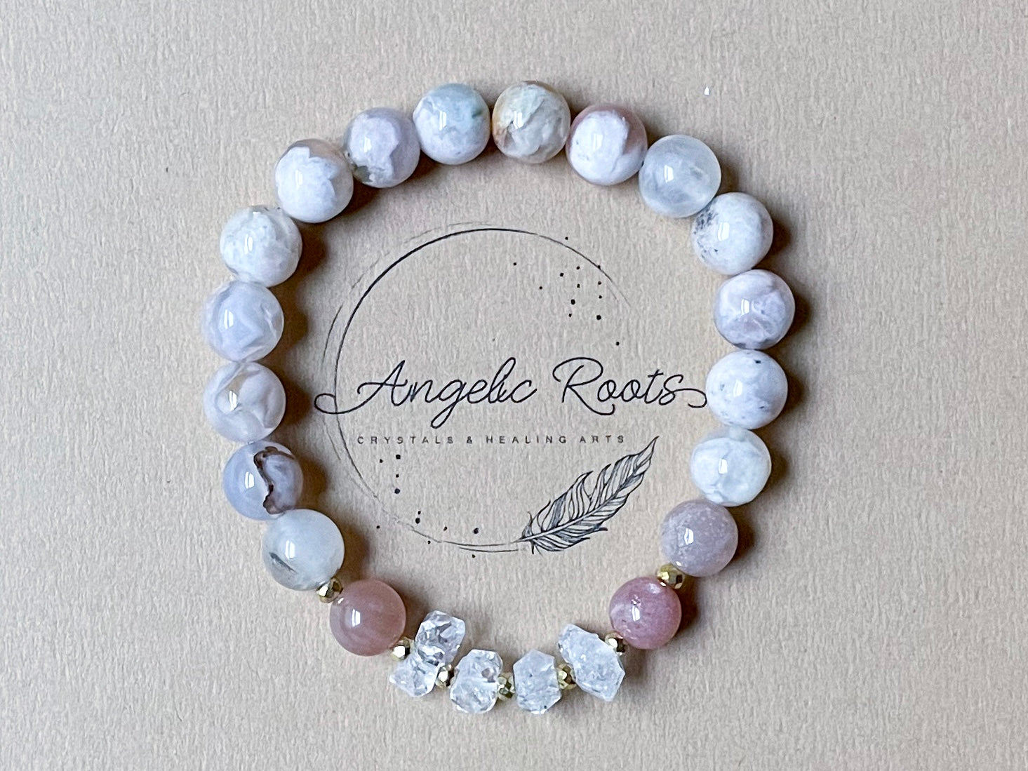 Flower Agate, Peach Moonstone & Herkimer Diamond Beaded Bracelet