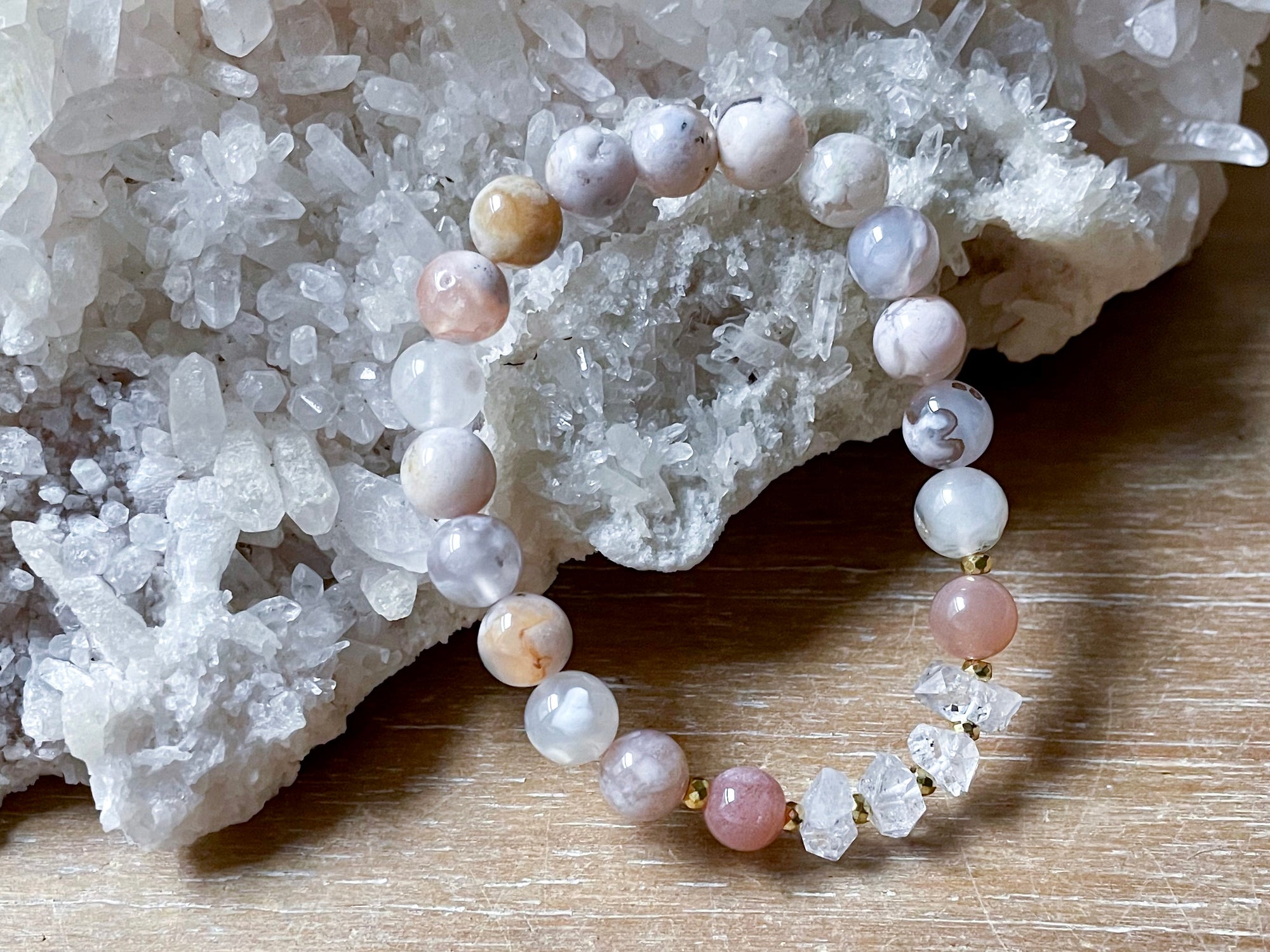 Flower Agate, Peach Moonstone & Herkimer Diamond Beaded Bracelet