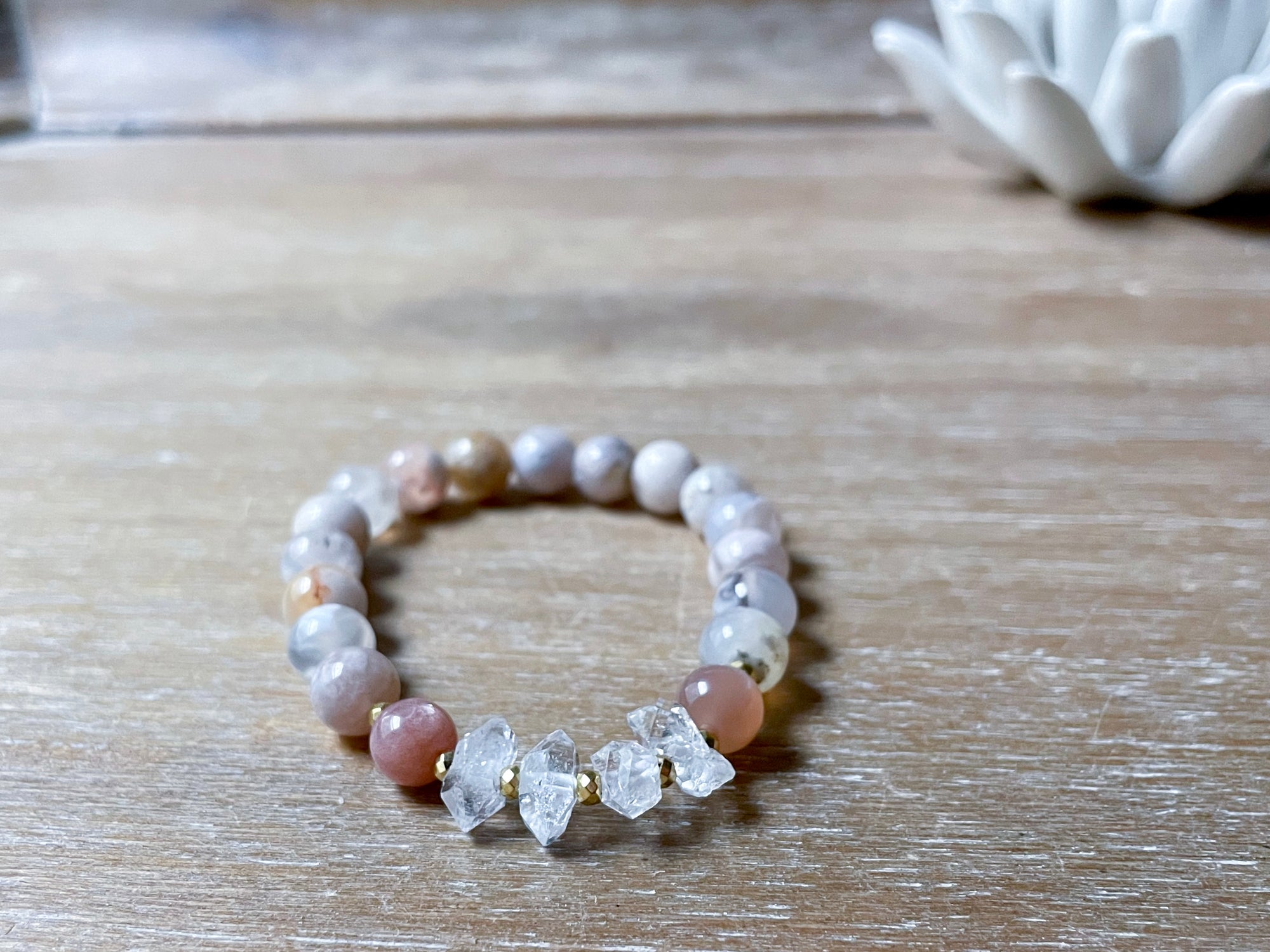 Flower Agate, Peach Moonstone & Herkimer Diamond Beaded Bracelet