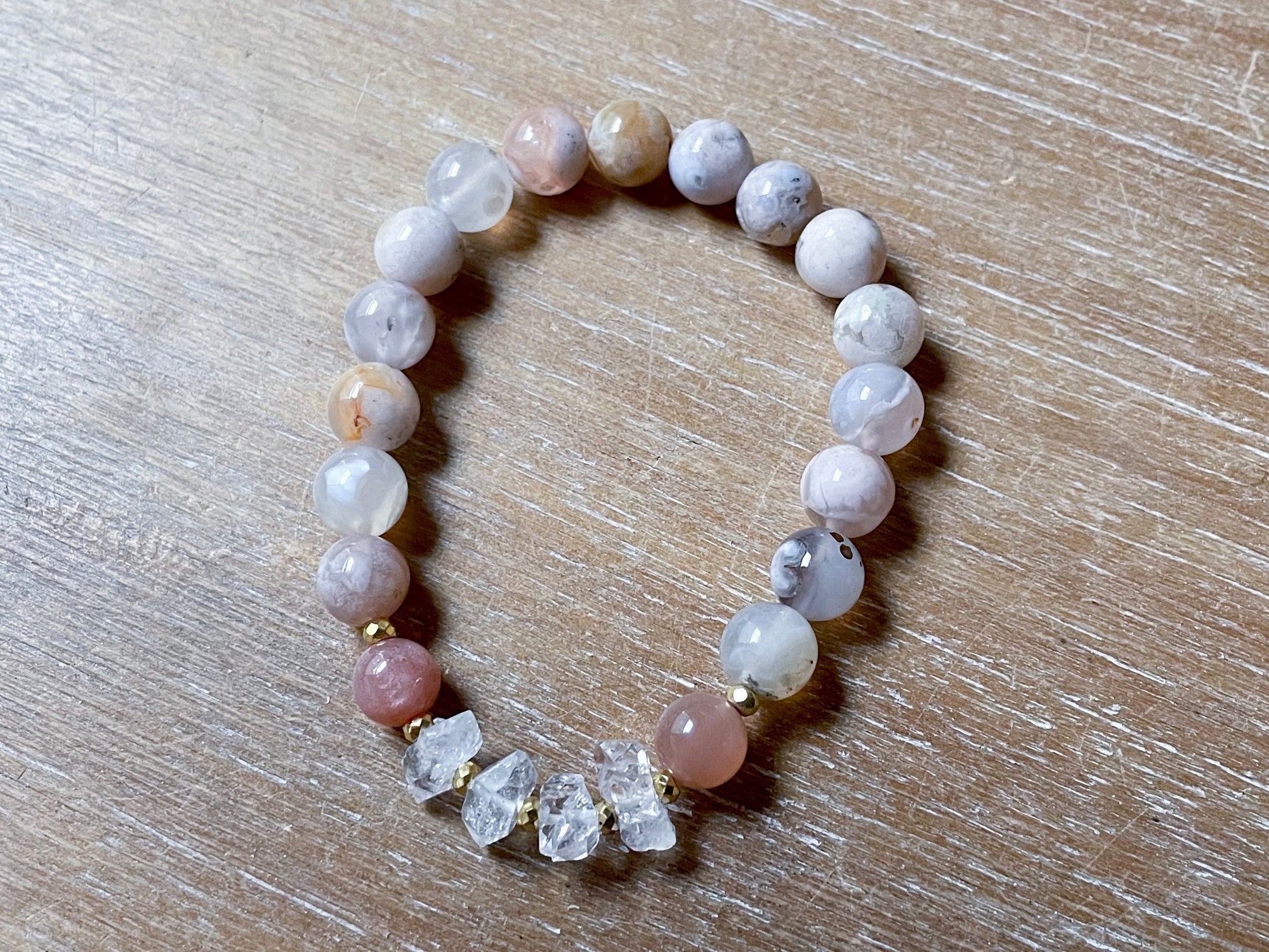 Flower Agate, Peach Moonstone & Herkimer Diamond Beaded Bracelet