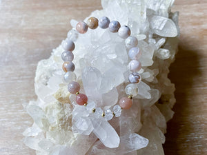 Flower Agate, Peach Moonstone & Herkimer Diamond Beaded Bracelet
