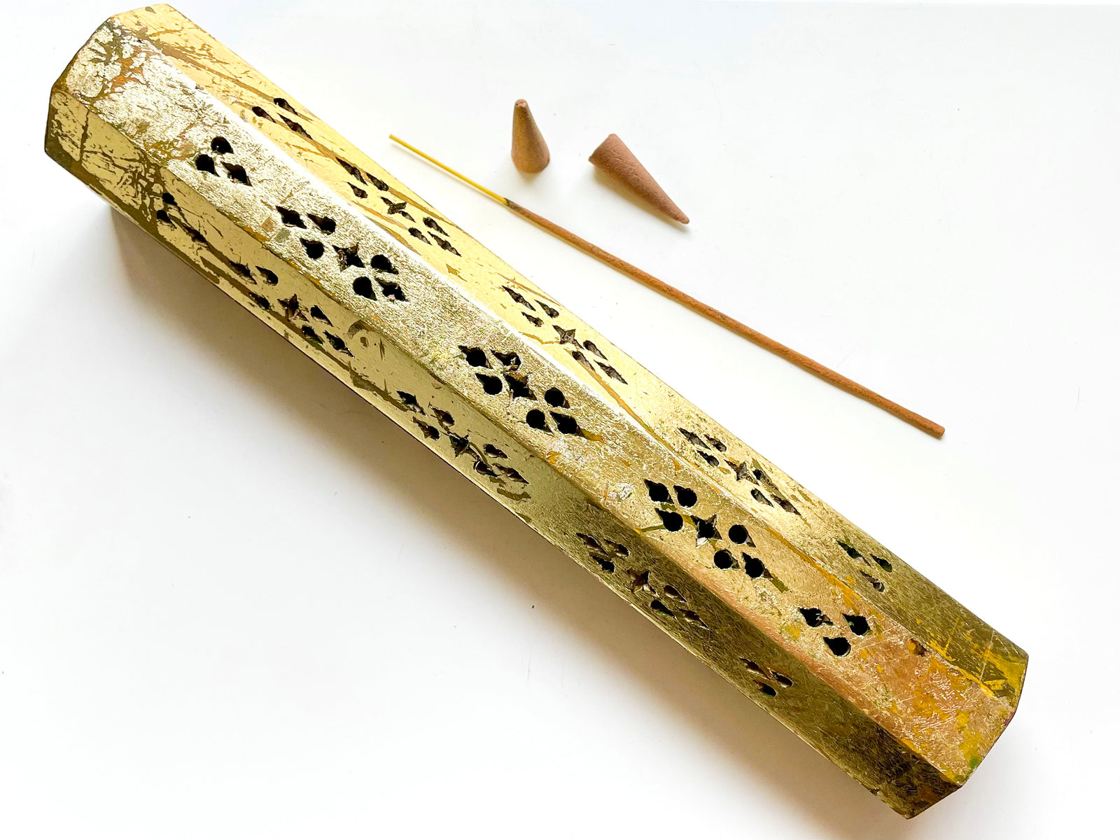 Rustic Gold Wood Incense Stick & Cone Box Burner 12"