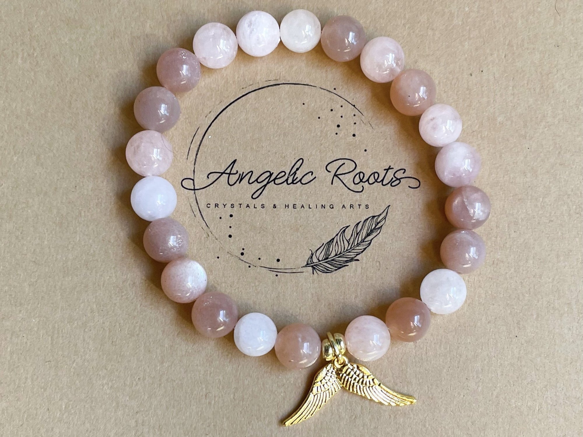 NEW! Peach Moonstone & Morganite Bracelet || Gold Angel Wings || Reiki Infused