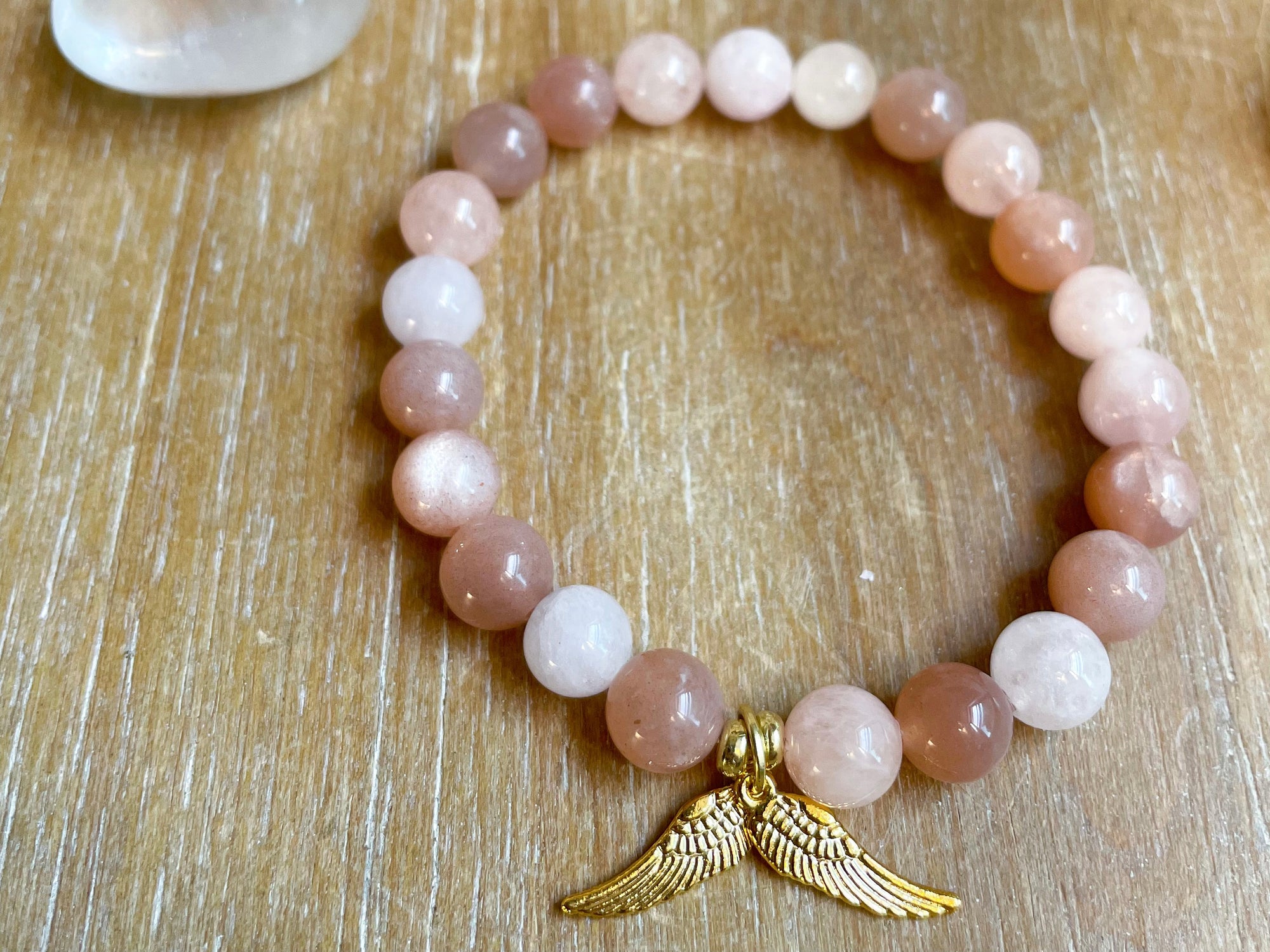 NEW! Peach Moonstone & Morganite Bracelet || Gold Angel Wings || Reiki Infused