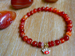 6mm Carnelian Beaded Bracelet || Red Evil Eye Charm || Reiki Infused