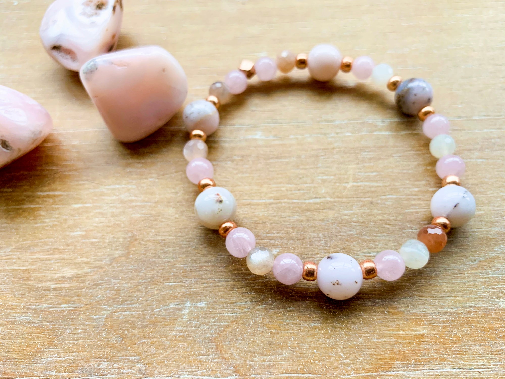 Pink Opal, Moonstone & Rose Quartz Beaded Bracelet || Reiki Infused