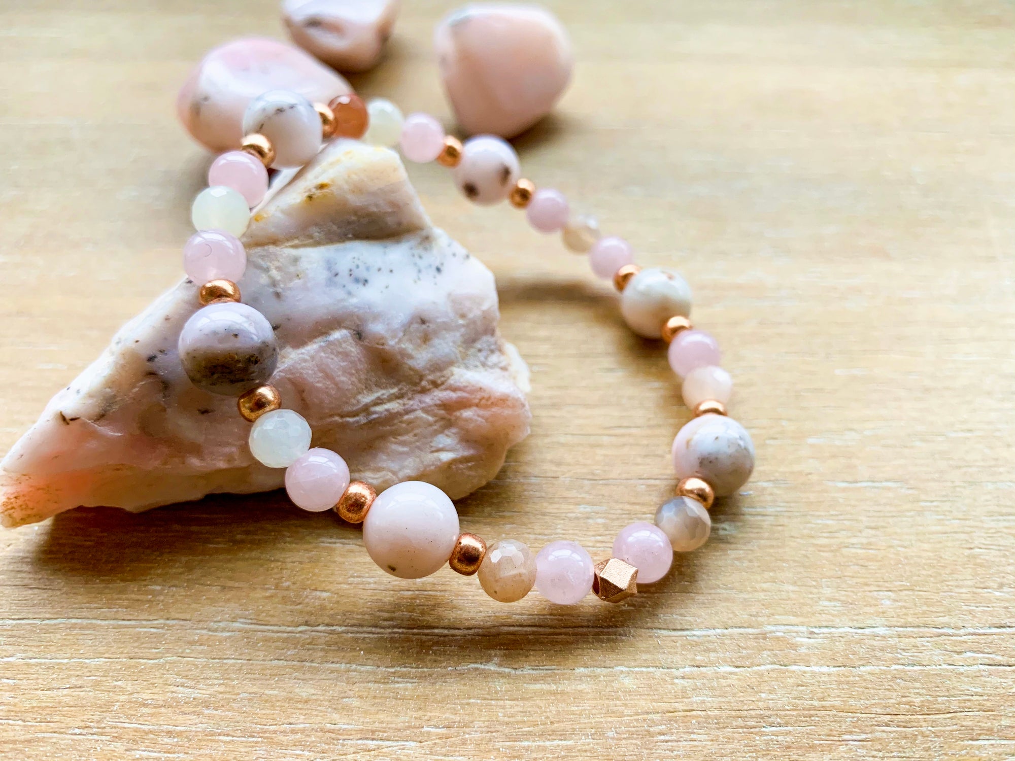 Pink Opal, Moonstone & Rose Quartz Beaded Bracelet || Reiki Infused