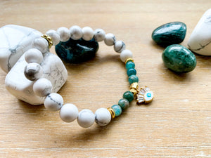 Green Apatite & Howlite Evil Eye Beaded Bracelet || Reiki Infused