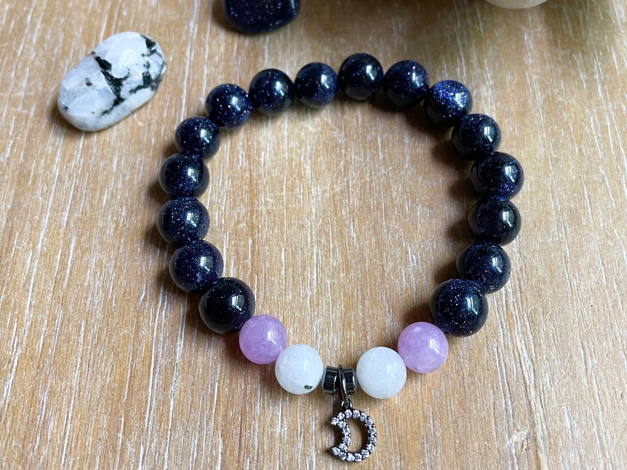 Blue Sandstone, Lavender Jade & Rainbow Moonstone Bracelet || Moon Charm || Reiki Infused