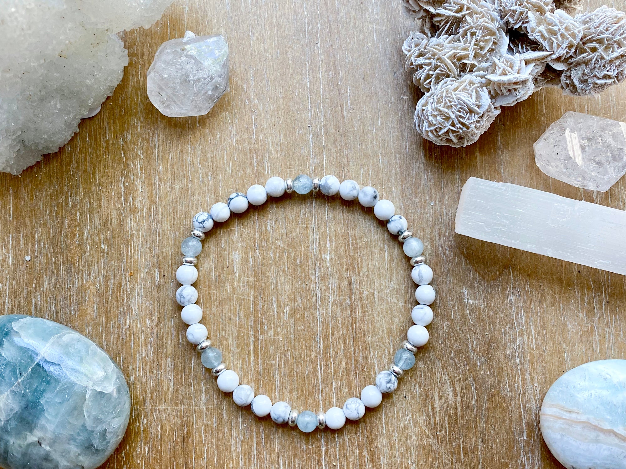 Howlite Beaded Anklet || Reiki Infused - Aquamarine Silver