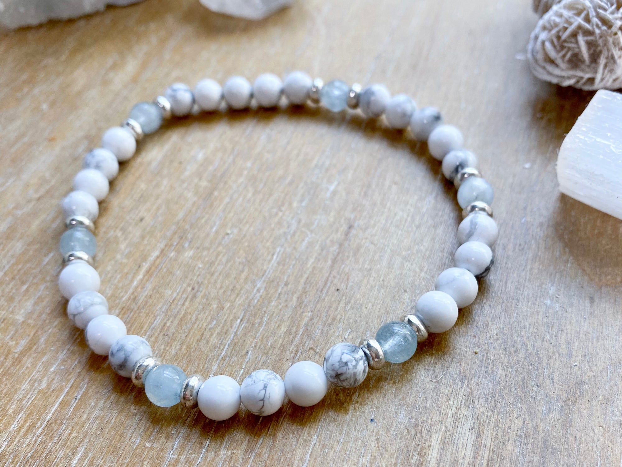 Howlite Beaded Anklet || Reiki Infused - Aquamarine Silver