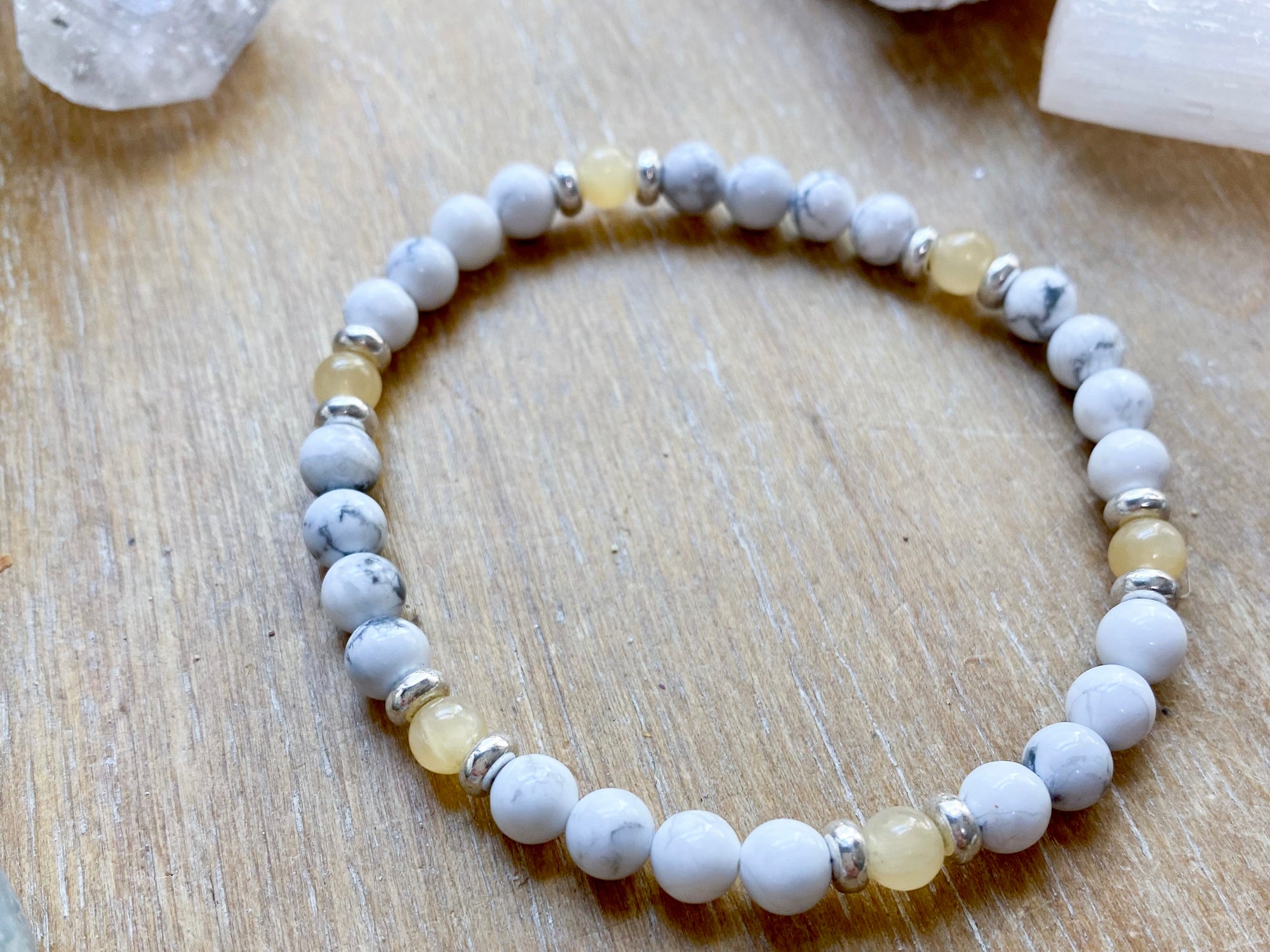 Howlite Beaded Anklet || Reiki Infused - Yellow Calcite Silver