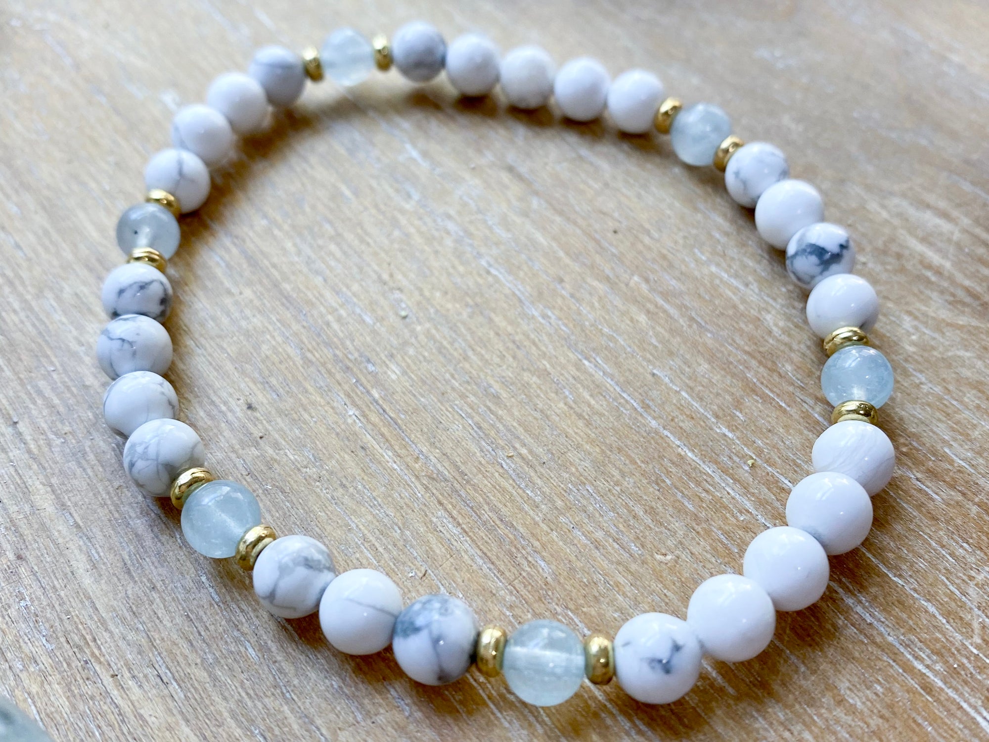 Howlite Beaded Anklet || Reiki Infused - Aquamarine Gold