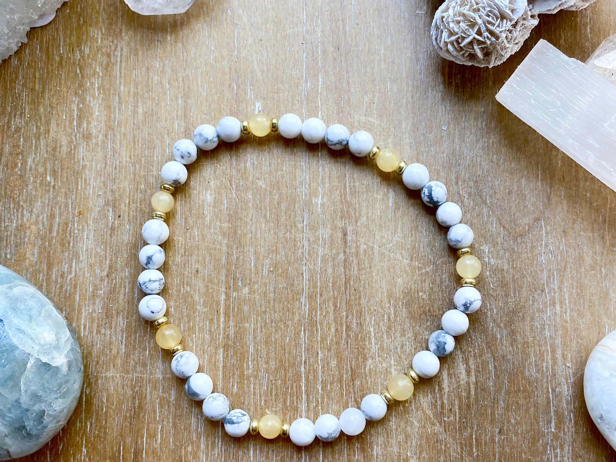 Howlite Beaded Anklet || Reiki Infused - Yellow Calcite Gold