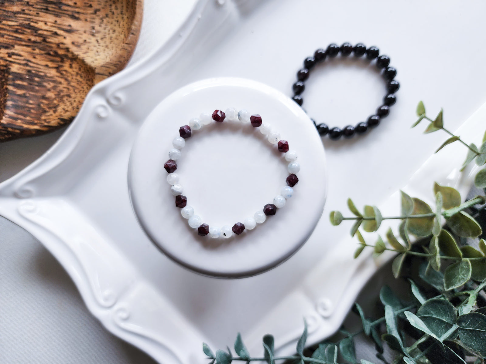 January Bracelet Stack || Garnet & Moonstone Beaded Bracelet || Reiki Infused