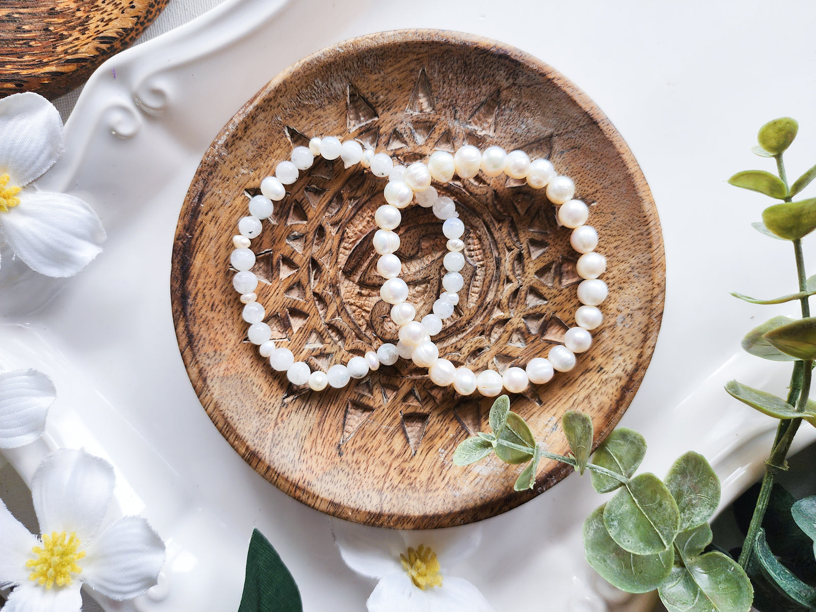 June Bracelet Stack || Mother of Pearl & Moonstone Beaded Bracelet || Reiki Infused