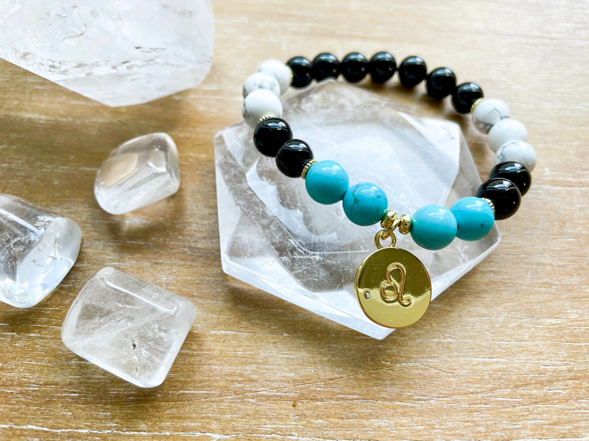 LEO GOLD EDITION Onyx, Howlite, Turquoise Beaded Bracelet || Reiki Infused