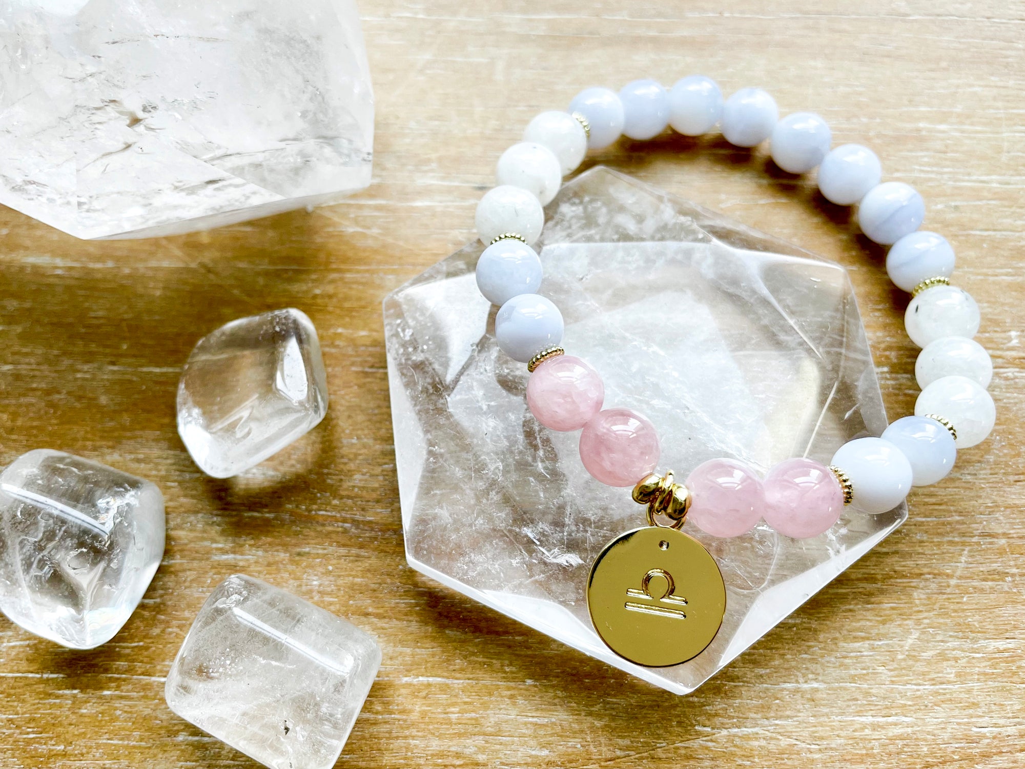 LIBRA GOLD EDITION Blue Lace Agate, Moonstone, Rose Quartz Beaded Bracelet || Reiki Infused