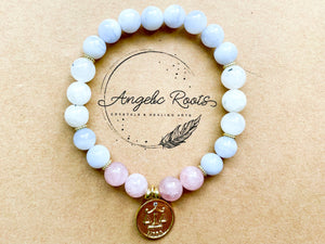 LIBRA GOLD EDITION Blue Lace Agate, Moonstone, Rose Quartz Beaded Bracelet || Reiki Infused