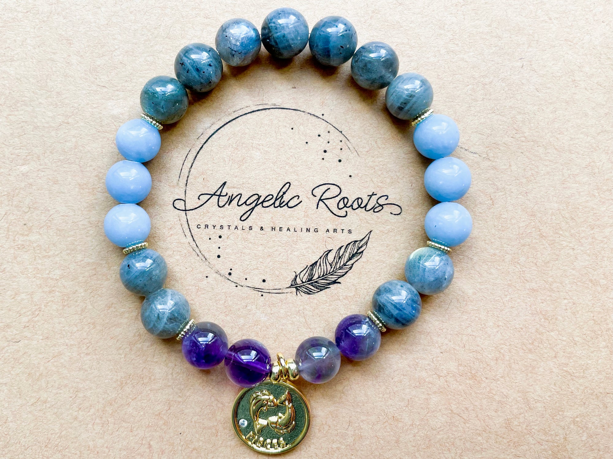 PISCES GOLD EDITION Amethyst, Labradorite, Angelite Beaded Bracelet || Reiki Infused