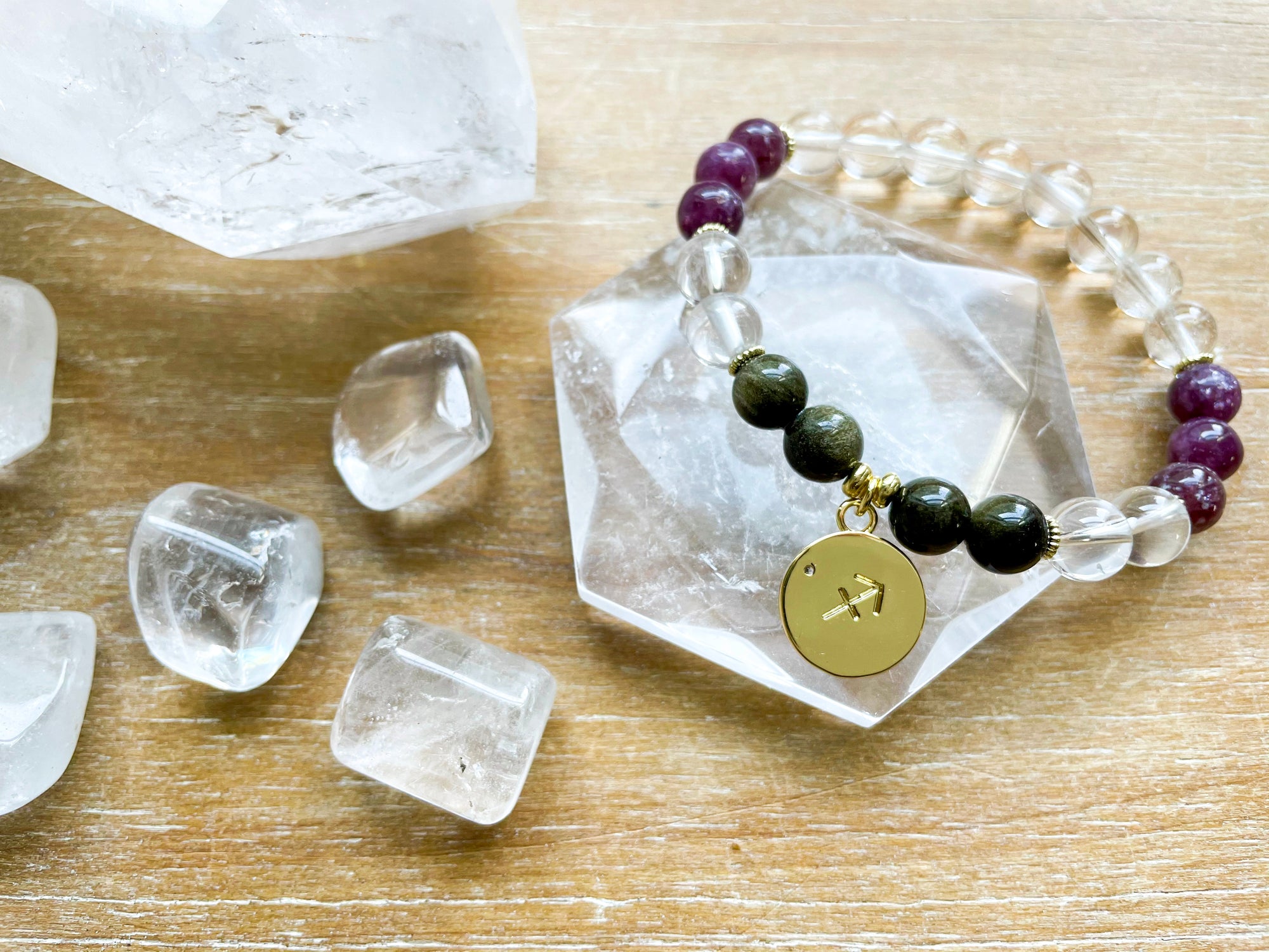 SAGITTARIUS GOLD EDITION Clear Quartz, Lepidolite, Golden Sheen Obsidian Beaded Bracelet || Reiki Infused