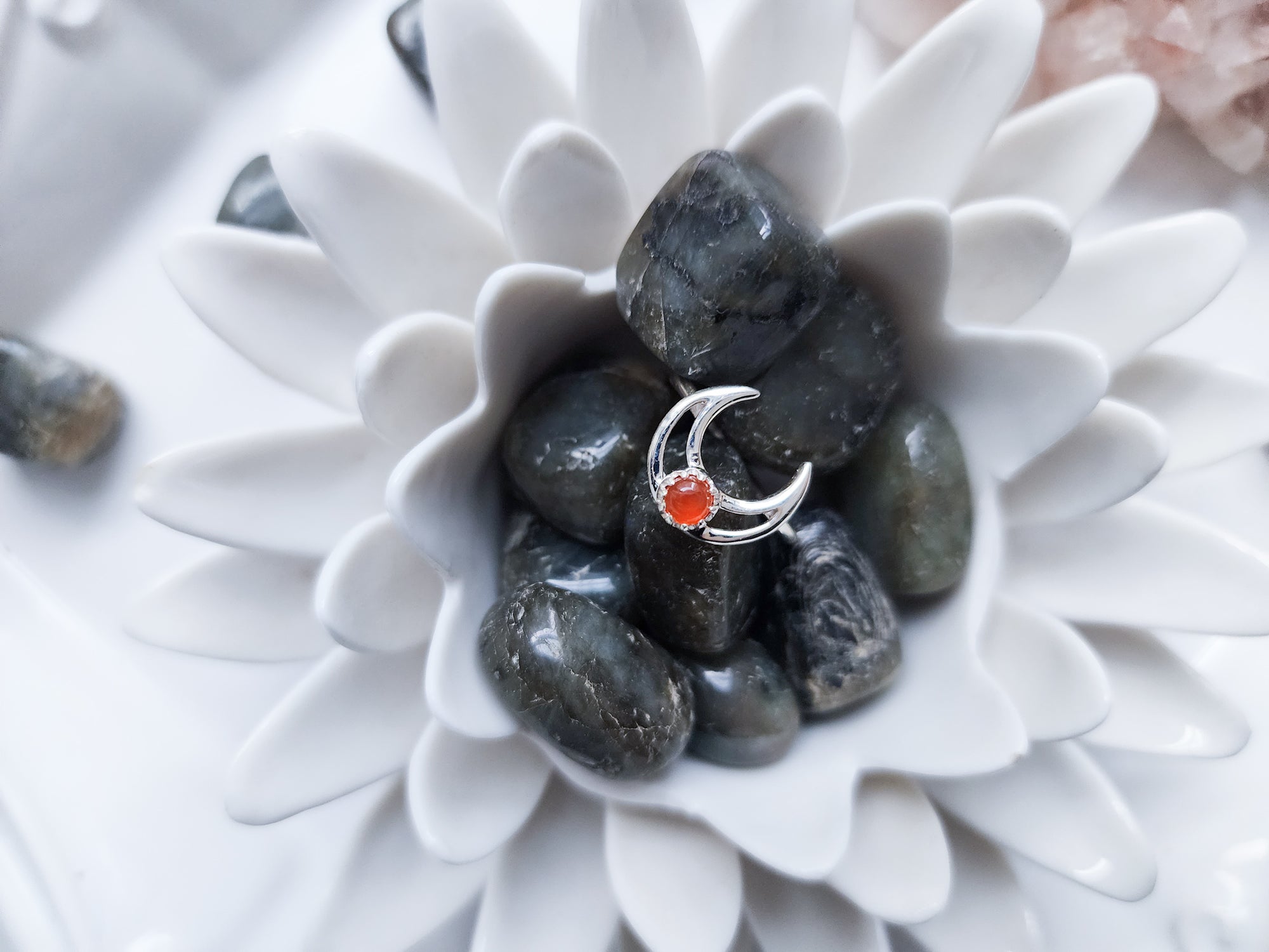 Crescent Moon Sterling Ring || Carnelian