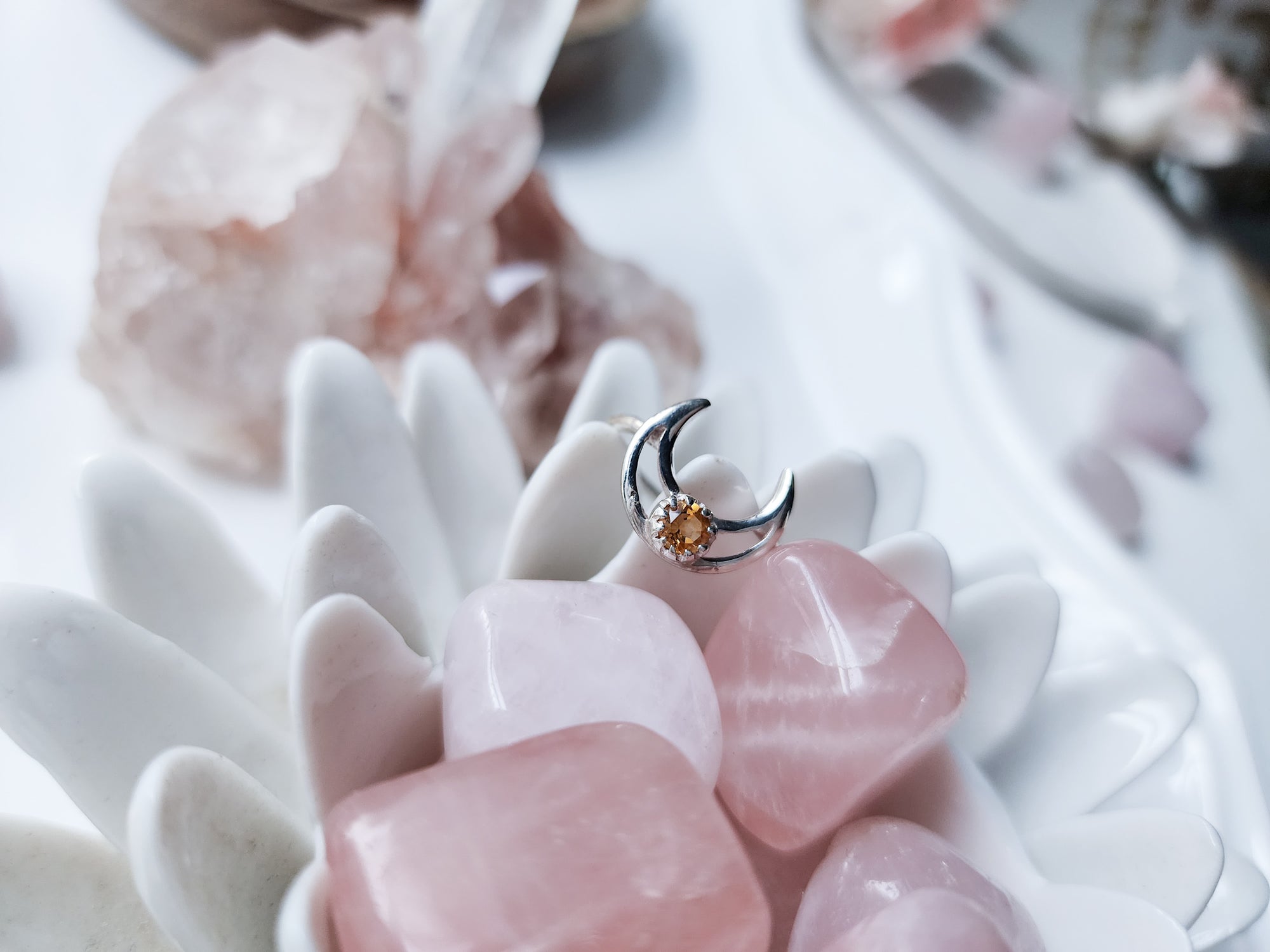 Crescent Moon Sterling Ring || Citrine