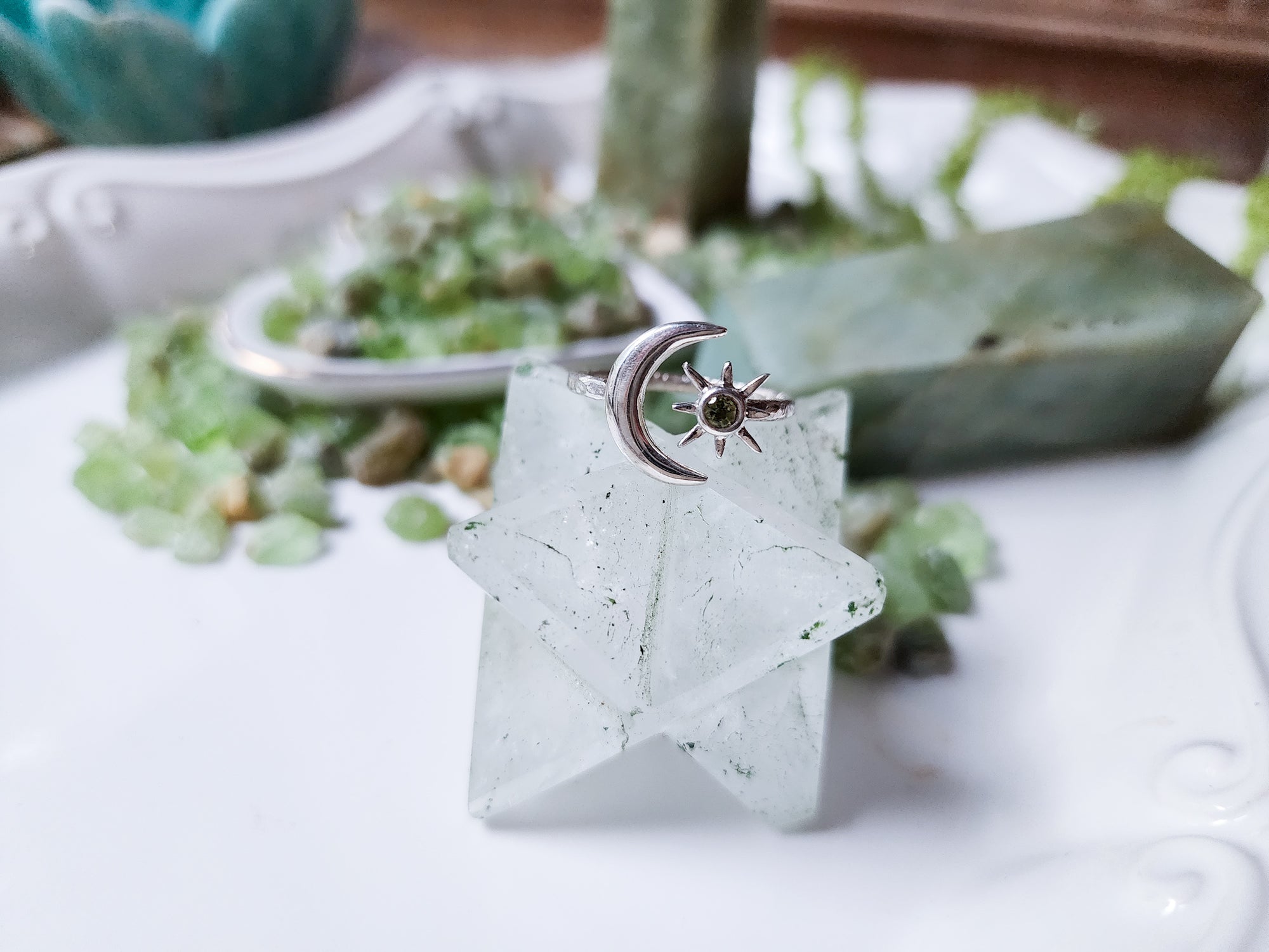 Sun & Crescent Moon Sterling Ring || Peridot