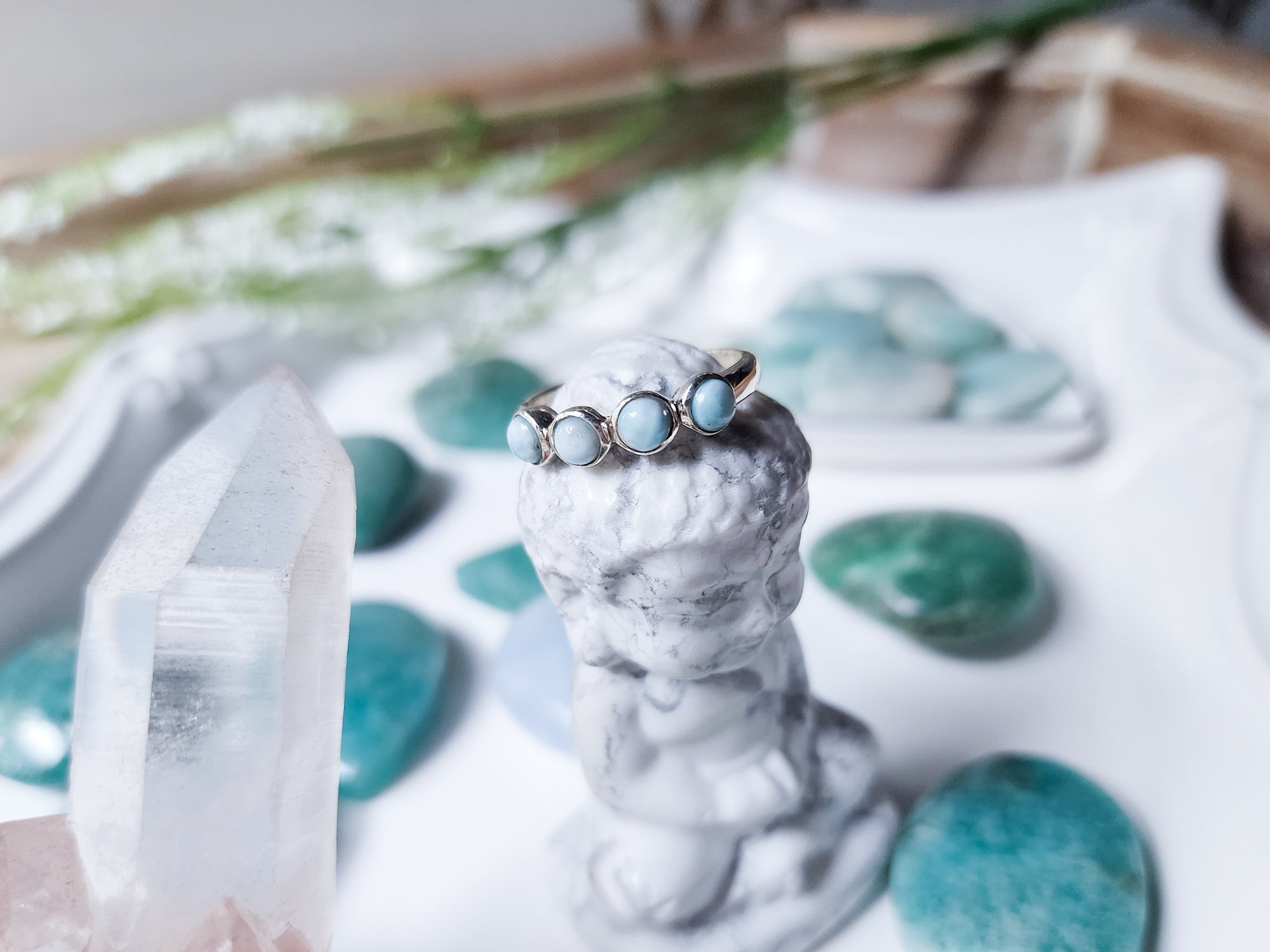 Four Stone Dainty Sterling Ring || Larimar