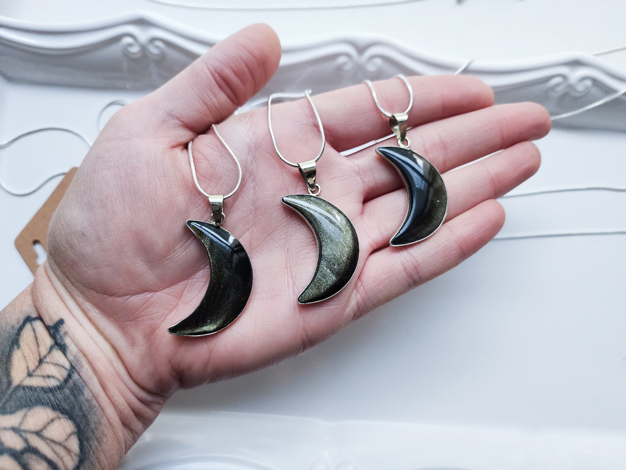 Gold Sheen Obsidian Crescent Moon Pendant Necklace