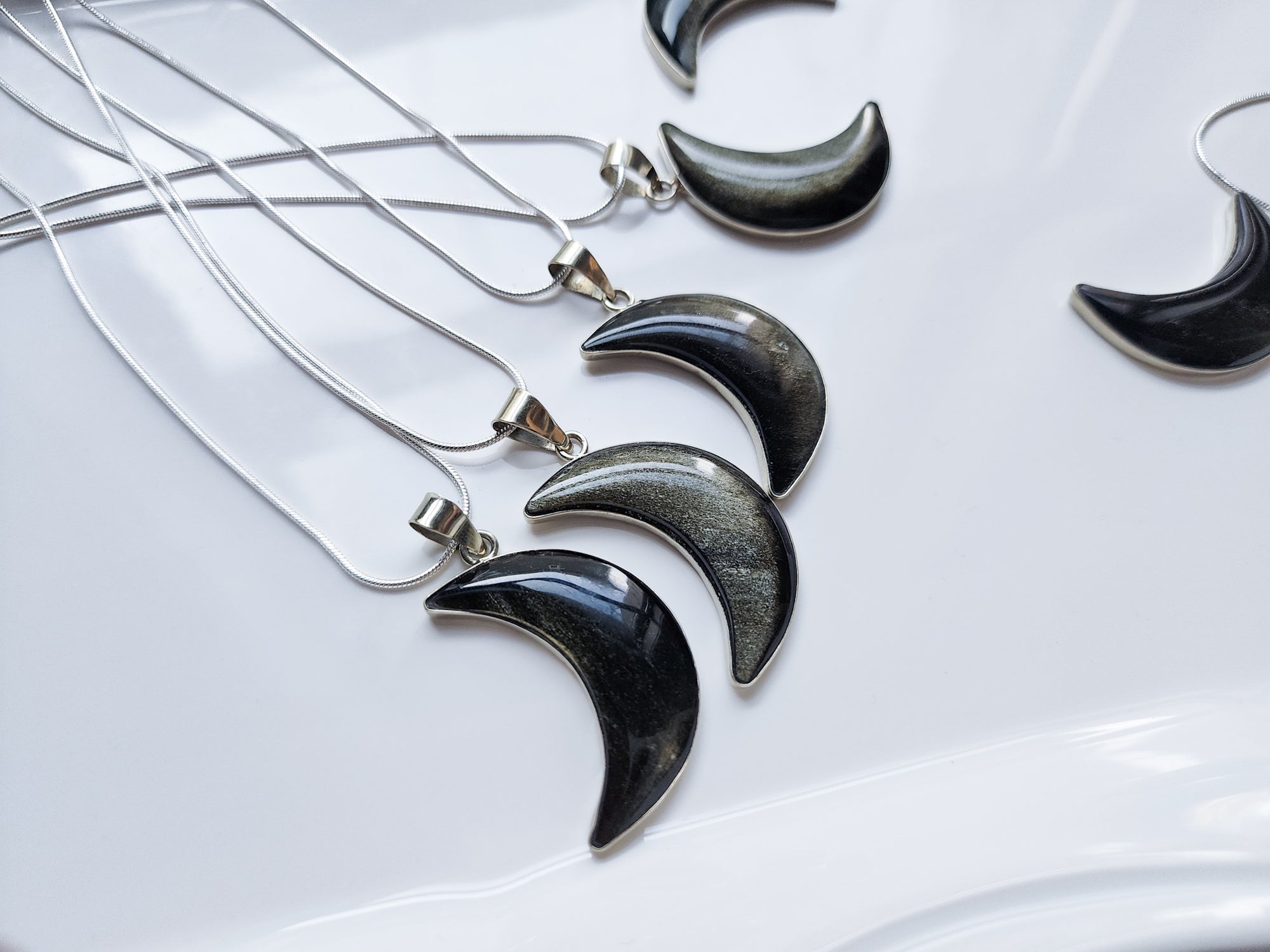 Gold Sheen Obsidian Crescent Moon Pendant Necklace