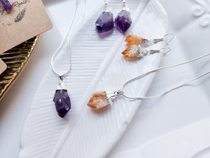 Amethyst Silver Dipped Pendant Necklace & Earring Set