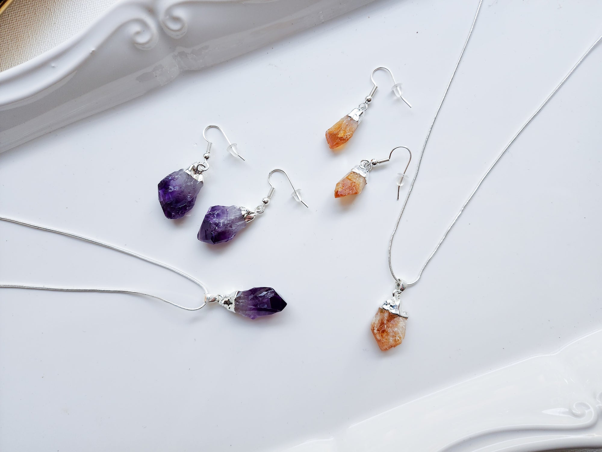 Citrine Silver Dipped Pendant Necklace & Earring Set
