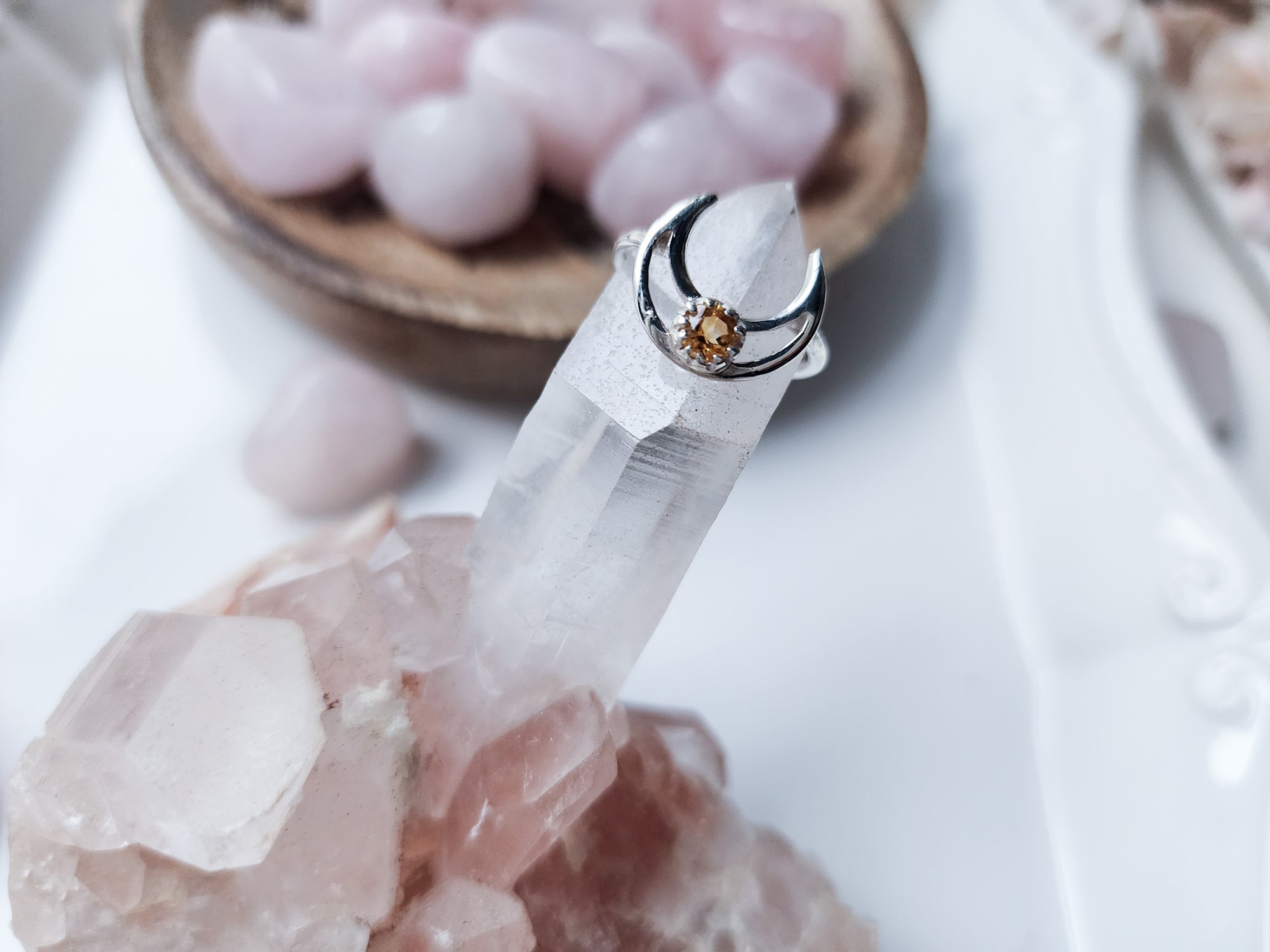 Crescent Moon Sterling Ring || Citrine