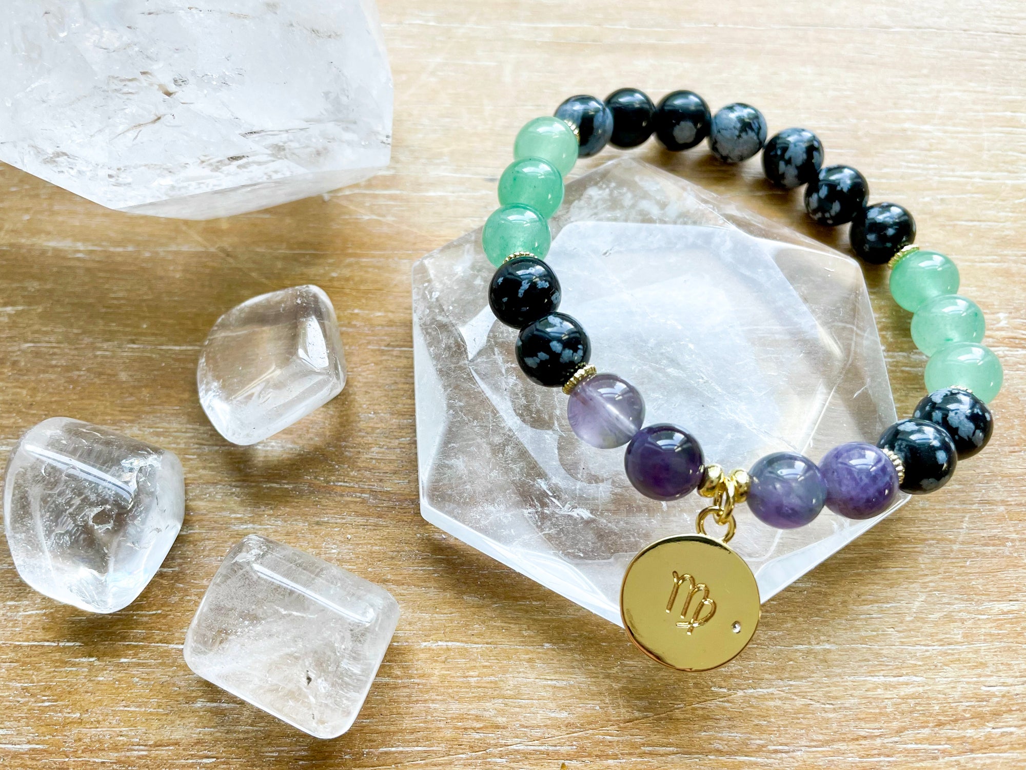 VIRGO GOLD EDITION Snowflake Obsidian, Green Aventurine, Amethyst Beaded Bracelet || Reiki Infused