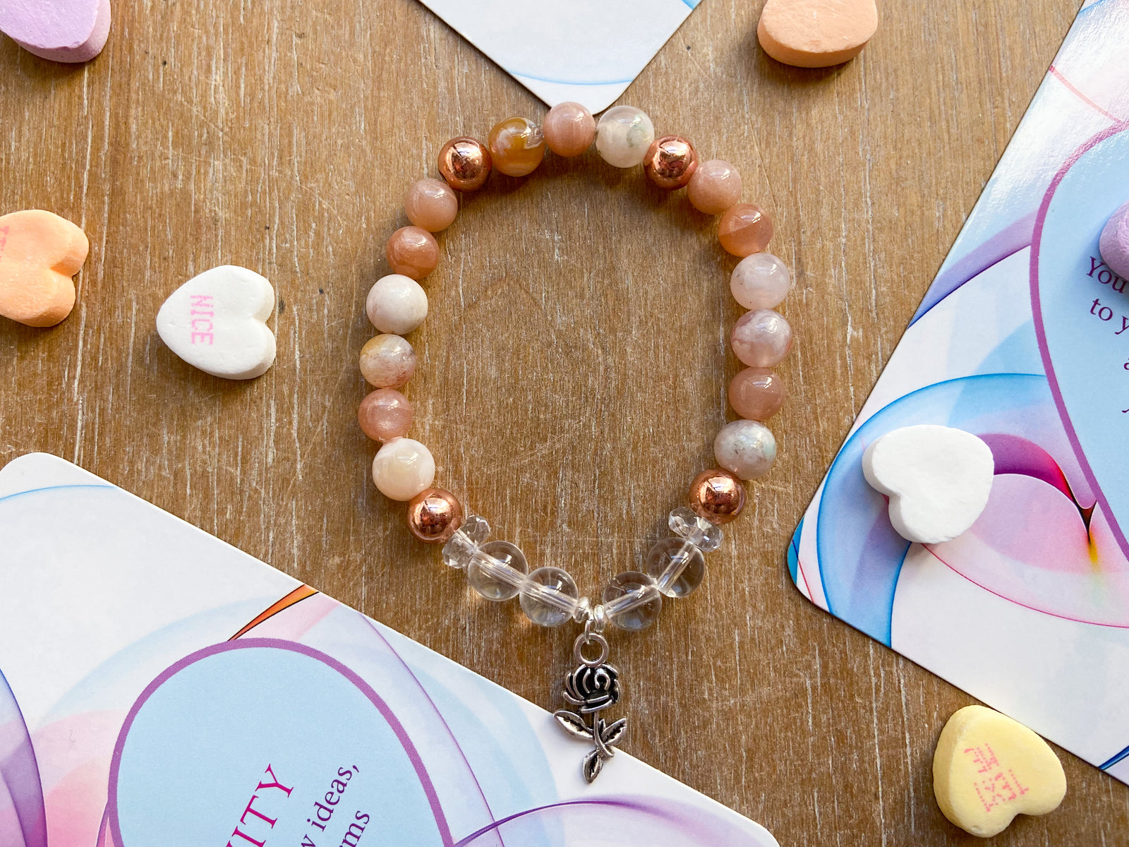 Clear Quartz, Copper, Flower Agate & Peach Moonstone || Rose Charm || Reiki Infused