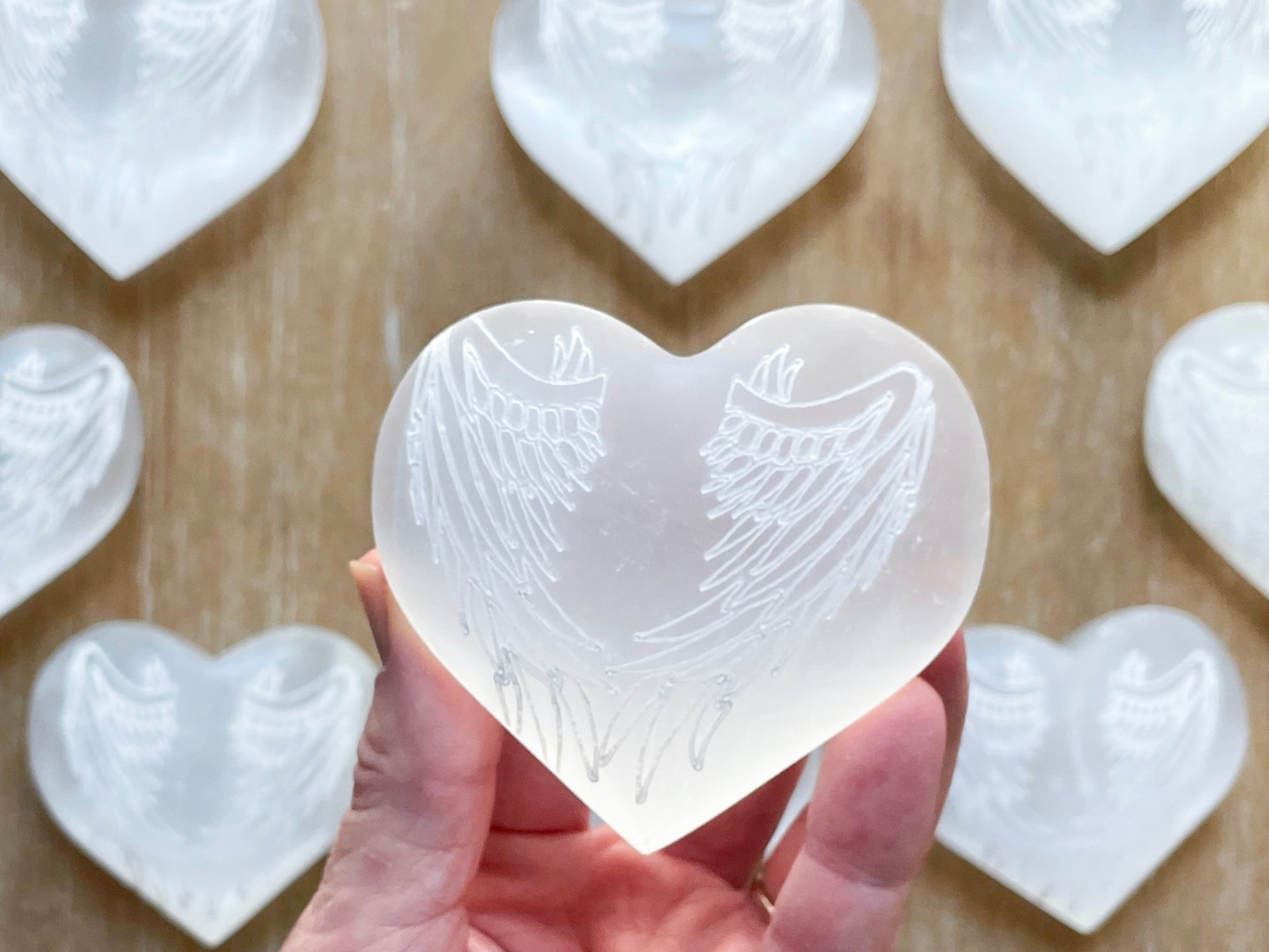 Selenite Engraved Angel Wing Heart