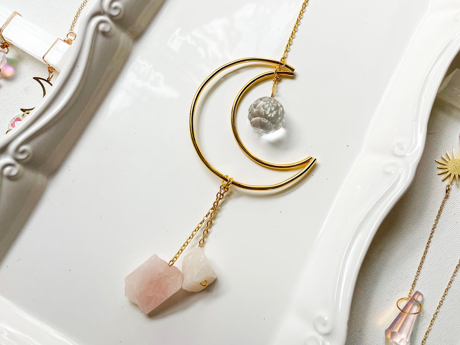 Rose Quartz Crescent Moon Rainbow Catcher