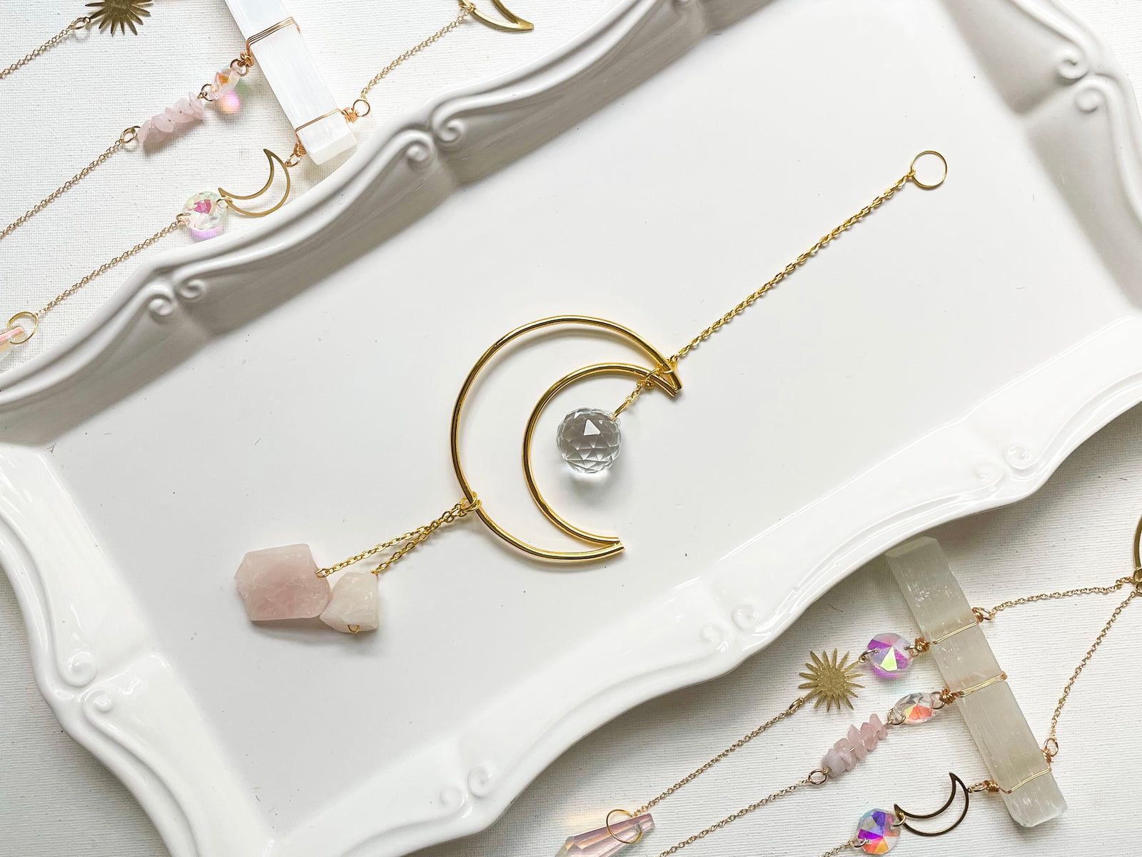 Rose Quartz Crescent Moon Rainbow Catcher